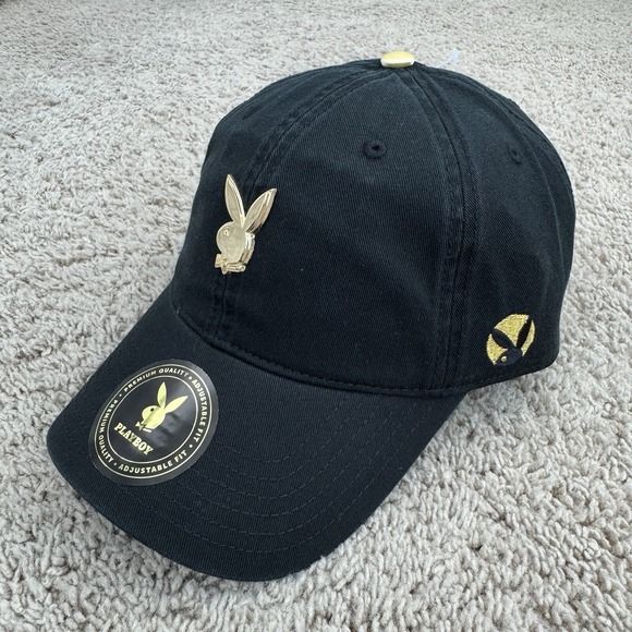 Playboy Hat Lids X Adjustable Strap Black Gold Metal Tux Bunny Logo Dad Cap NWT - Picture 1 of 9